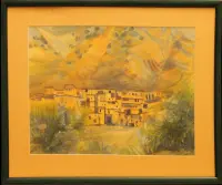 Peinture, aquarelle, Village, Maroc