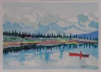 Peinture, aquarelle, Canoë rouge, lac