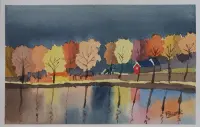 Peinture, aquarelle, Etang, automne