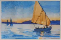 Peinture, aquarelle, bateaux, coucher, soleil