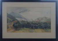 Peinture, aquarelle, Crète, Oliviers, vallée