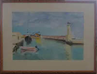 Peinture, aquarelle, Crète, Port,